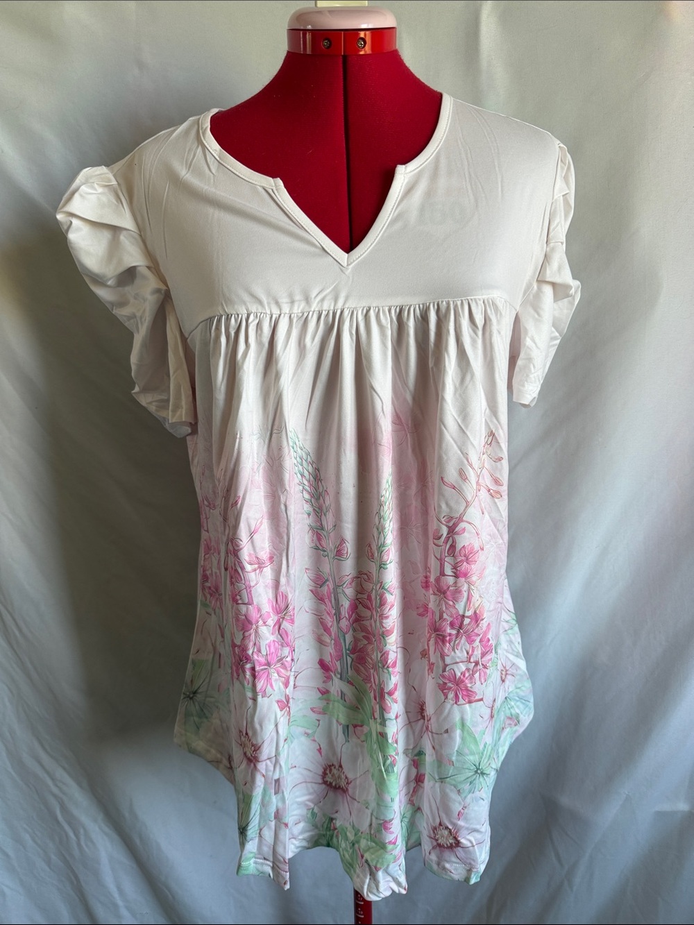 Women's White V-Neck Floral Dip-Dye Tunic